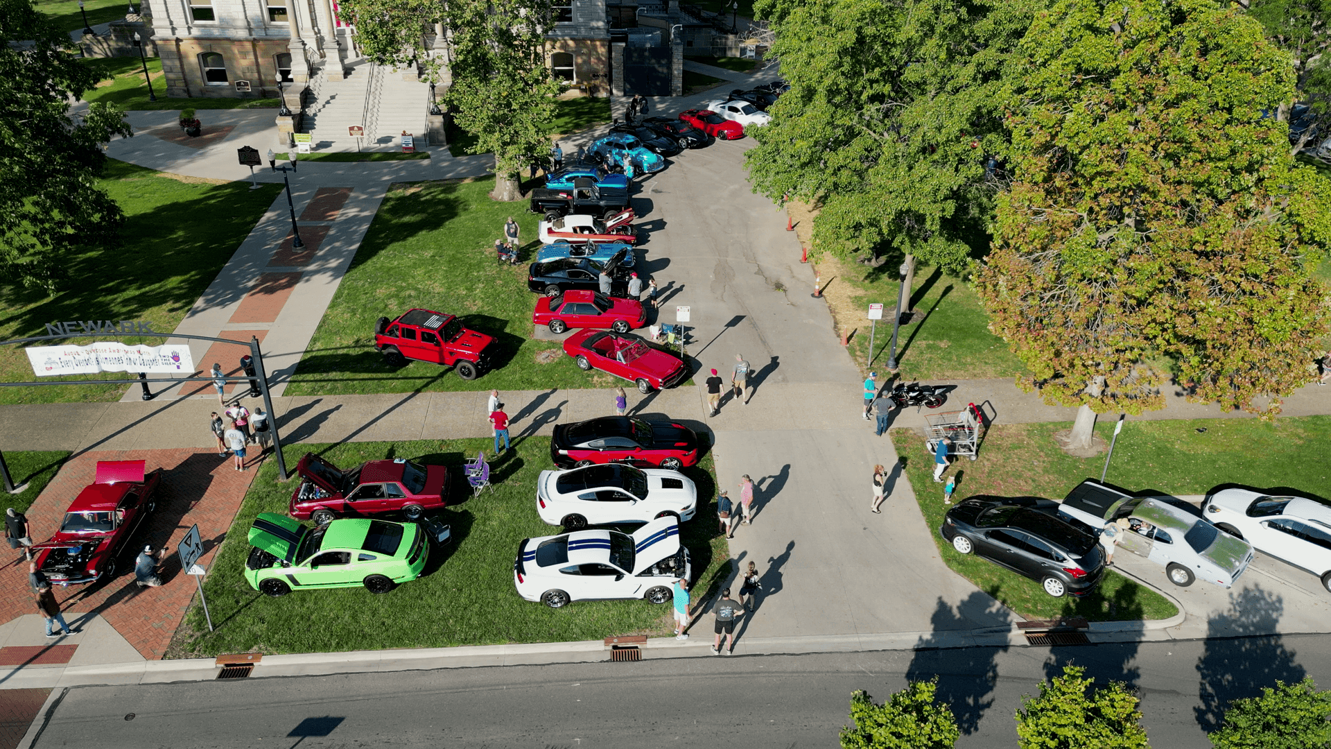 drone shot of car show